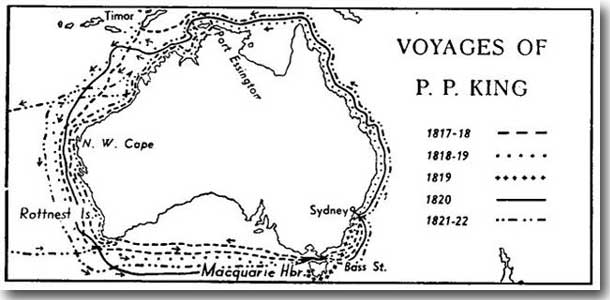 Map depicting King's voyages around Australia