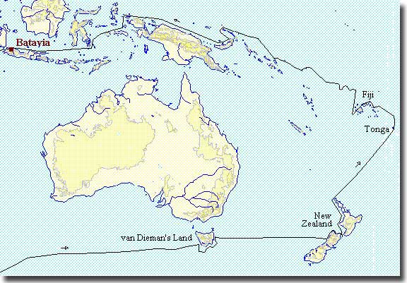 Map showing Tasman's Voyage