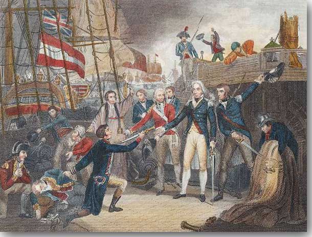 19th. Century print. Nelson receives the Spanish Admiral's sword on board San Josef