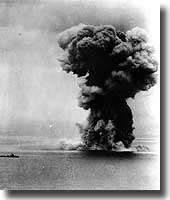 The huge Japanese battleship Yamato blows up after being attacked by US carrier aircraft