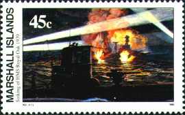 This Marshall Islands stamp depicts Gunter Prien sinking Royal Oak, after he penetrated Scapa Flow