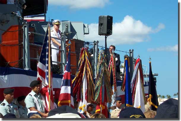 Admiral Gary Roughead gives the Key Note Address, with the Colors paraded in front