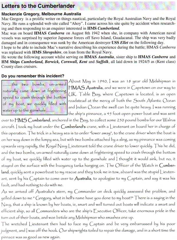 Letter to the Cumberlander, the Newsletter of the HMS Cumberland