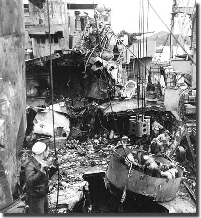 US ship badly damaged by a Kamikaze attack, off Okinawa