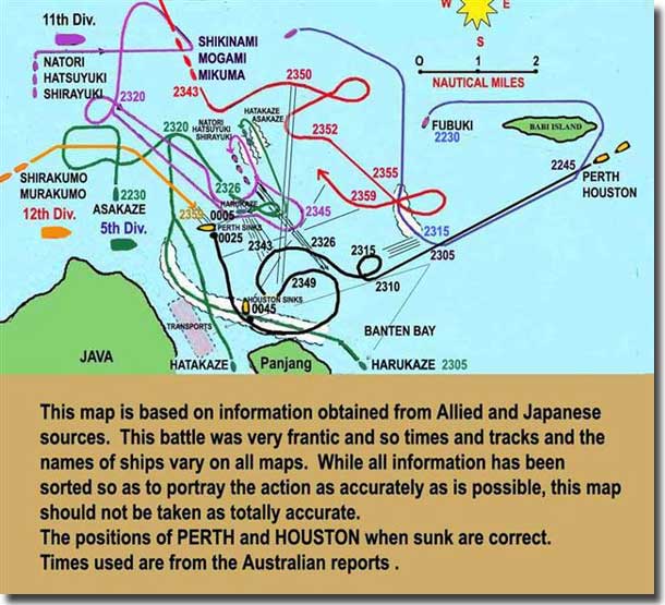 Battle of Sunda Strait map. The times are from Australian reports. Thatnks to Bruce Constable for permission to reproduce his map