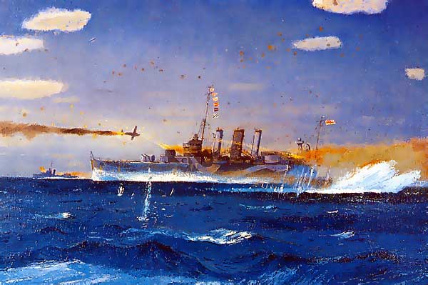 HMAS Australia under attack Coral Sea May 7th. 1942. Painting by Frank Norton