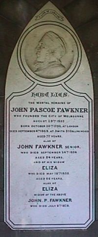 john Pascoe Fawkner's Tombstone at the Melbourne Cemetery.