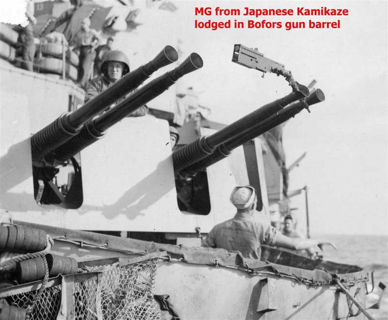 The Machine gun from the Kamikaze aircraft that crashed aboard the US Battleship Missouri.  It is lodged in one of her Quad 40 mm Bofor barrels.