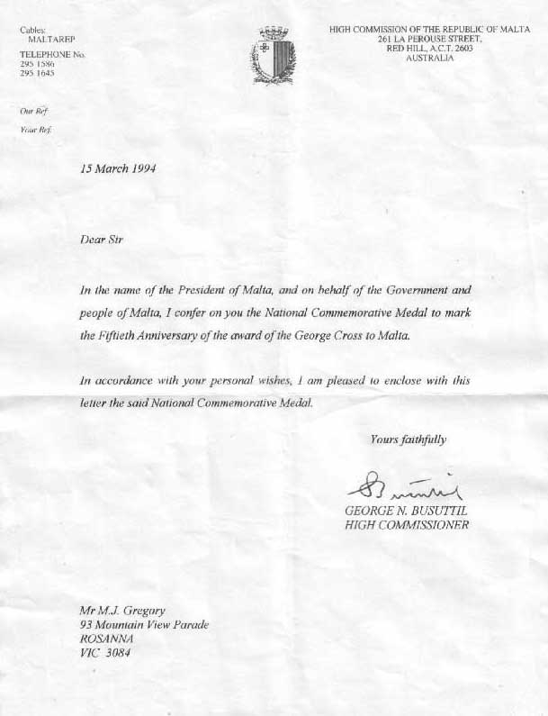 Letter from the High Commissioner, The Republic of Malta