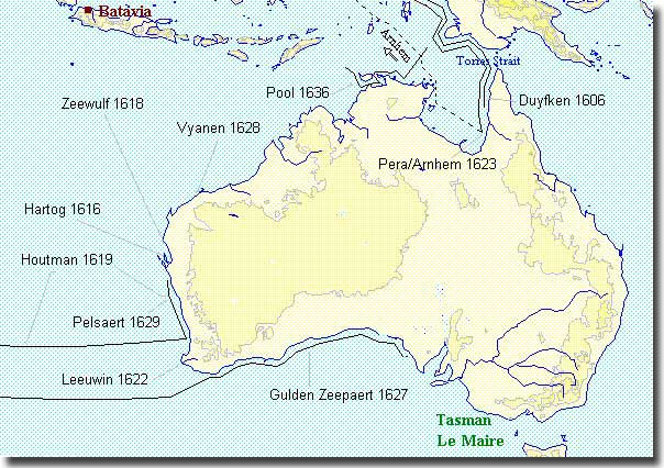 Map of Australia showing the tracks of the early Dutch Explorers