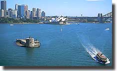 Photo of Fort Denison or Pinch Gut in the foreground of Sydney Harbour, built when Russian invasion was a threat in the 1840's