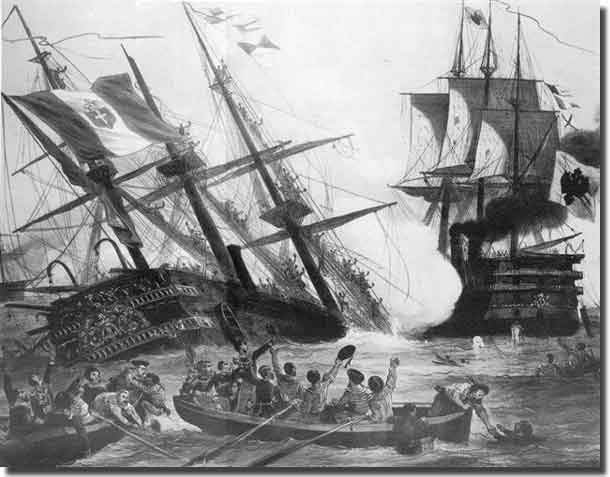 Sinking of Italian Red'Italia after being rammed by Austrian flagship Ferdinand Max, at the Battle of Lissa in the Adriatic Sea, 20th. July 1866.