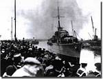 HMS Cossack arrives at Leith, Scotland with her load of British Merchant Captains, Officers and crews, February 17 1940, after their dramatic rescue from the German Altmark. - click to read the article