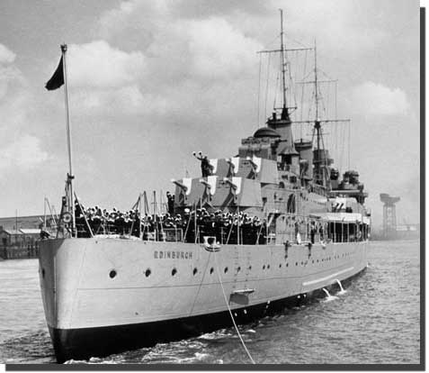 HMS Edinburgh sunk during WW2, whilst carrying Russian gold valued at 45 Million Ponds Sterling