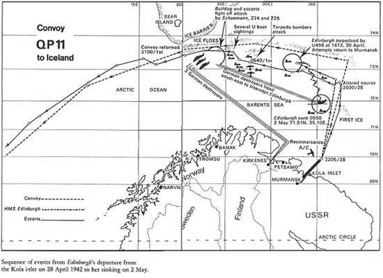 Map showing HMS Edinburgh's track from leaving Kola to finally being sunk in May of 1942, with 5 tons of Russian gold in  ammunition boxes in her magazine.