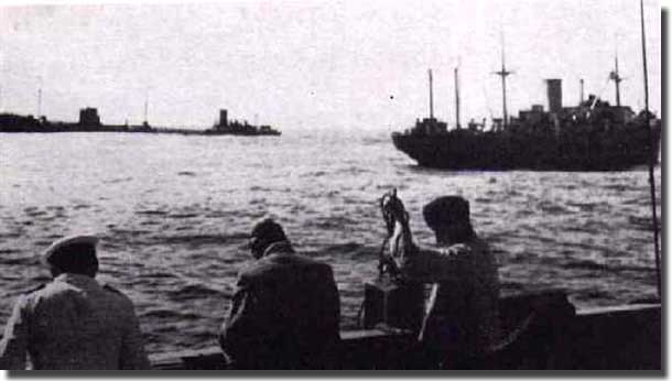 meeting of Doggerbank with Michel and the Tanker Charlotte Schliemann in June of 1942, The Tanker on the left, Doggerbank on the right, and the photo must be taken from Michel