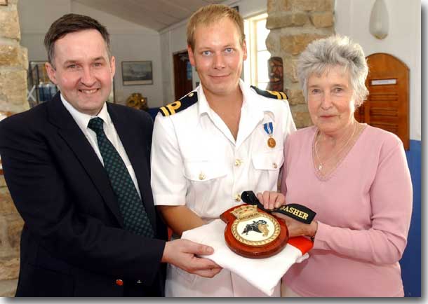 Douglas, Isobel's son/ Lieutenat Danny Boswell/Isobel with a Dasher ship's crest and Cap Tally