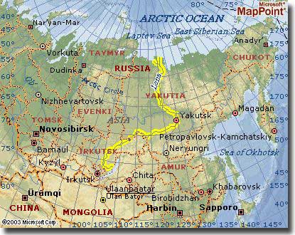 Map of Lena River, Russia
