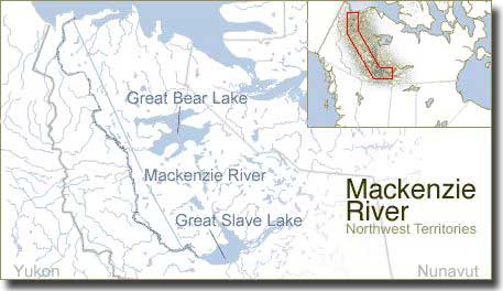 Map showing the Mackenzie River, flowing north to the Arctic