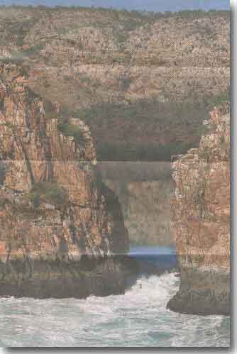 View of Horizontal Falls area where the water rushes through the 9 metre gap between the cliffs.